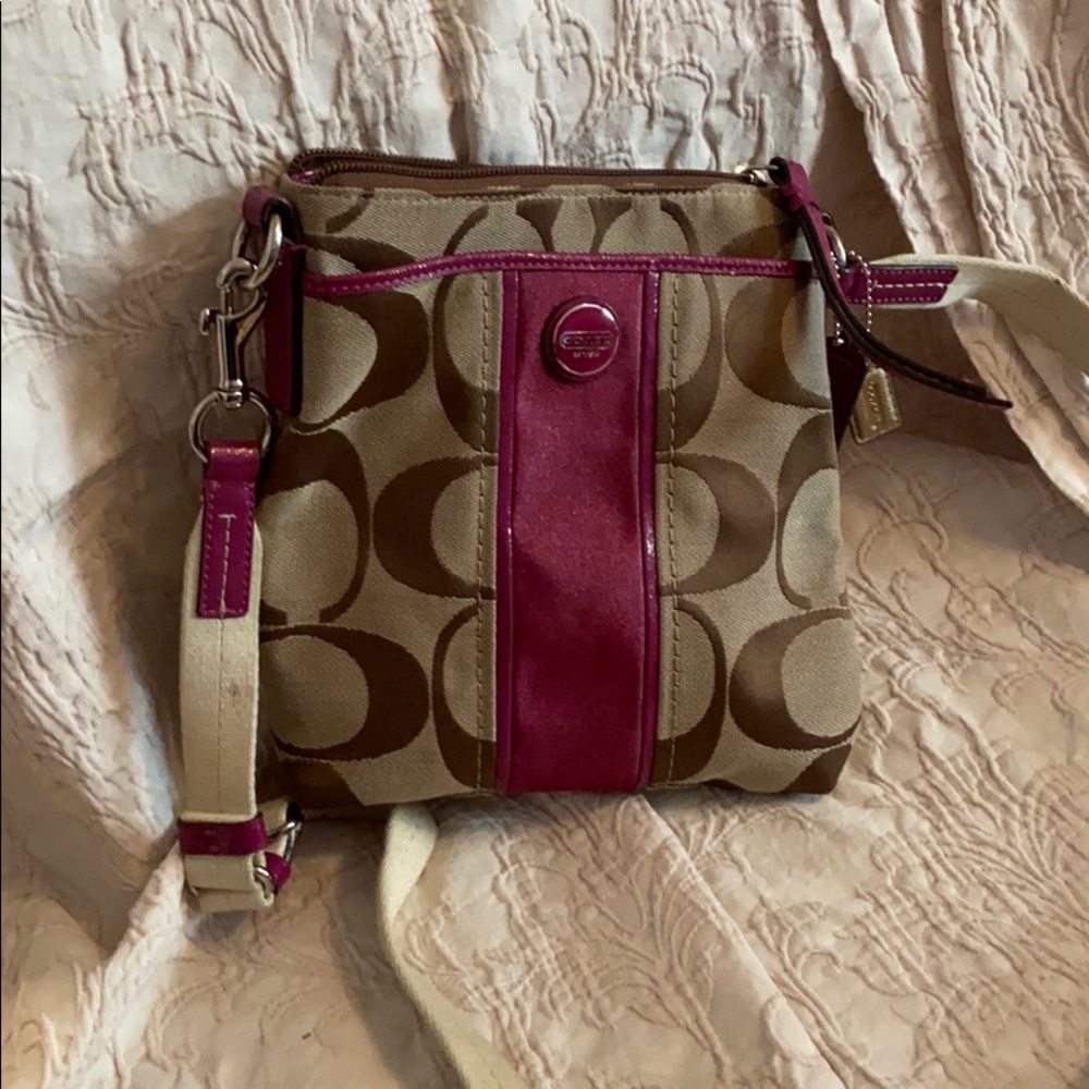 Coach Beige Signature Canvas Crossbody with Pink Leather Accent